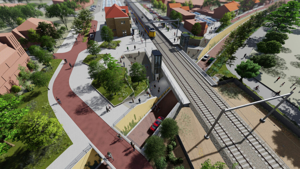 Het bovenaanzicht van de onderdoorgang die in 2029 bij station Gilze-Rijen gereed is (Beeld: Illustratie gemeente Gilze-Rijen).