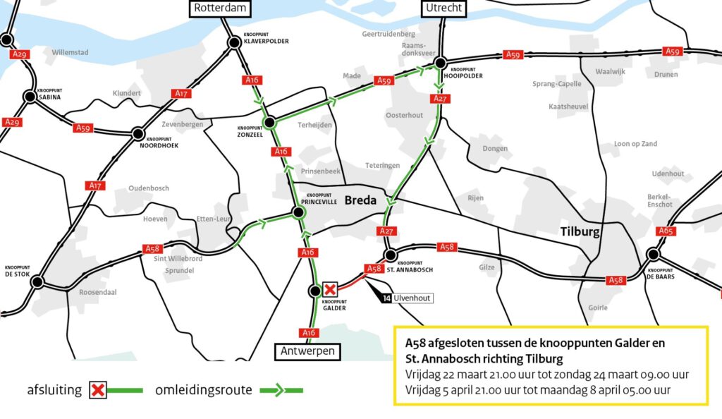 Afsluitingen en omleidingsroutes A58